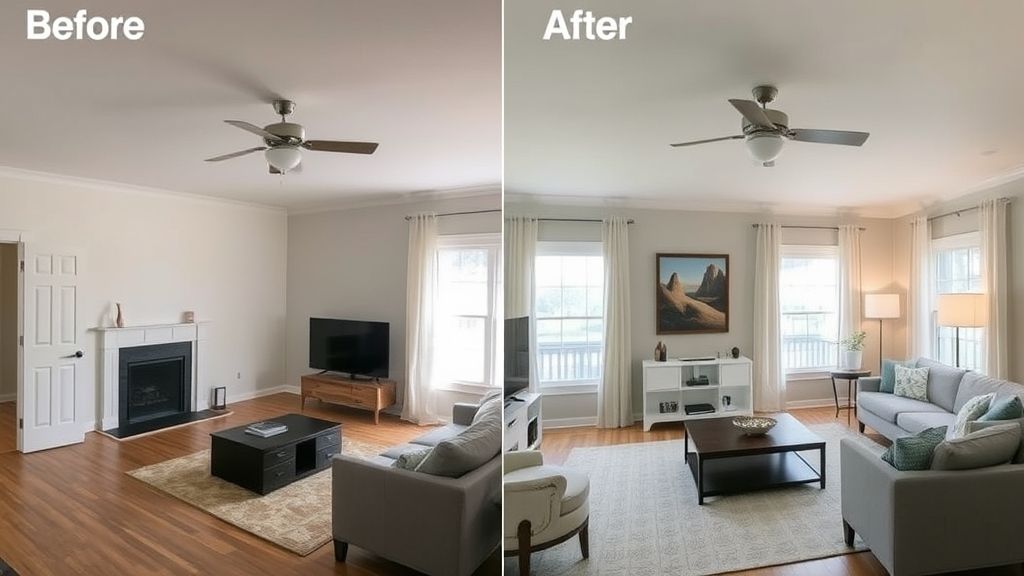 Comparativo de sala antes e depois da decoração, mostrando maior conforto.