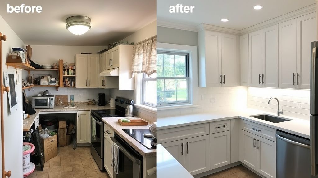 Antes e depois de uma cozinha transformada com armário planejado moderno.