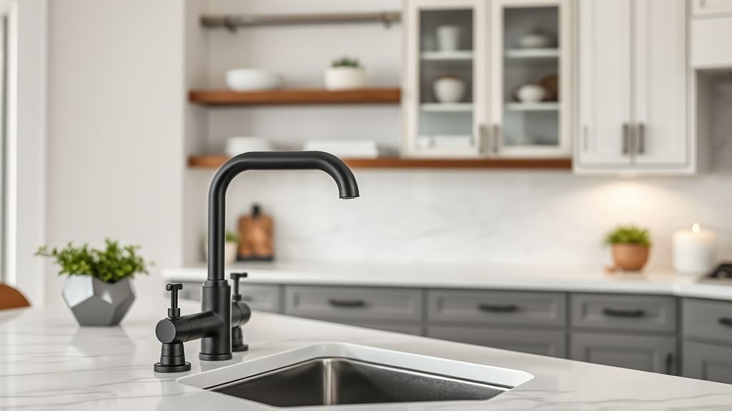 Cozinha gourmet finalizada com monocomando preto fosco contrastando com bancada clara.
