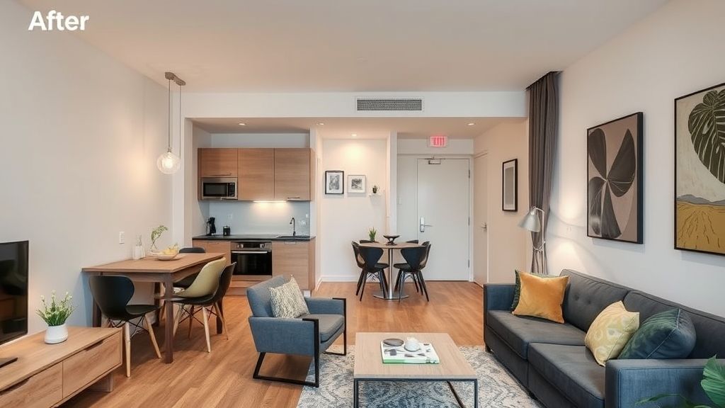 Ambiente finalizado com sala e cozinha integrados, bancada multifuncional e iluminação aconchegante.