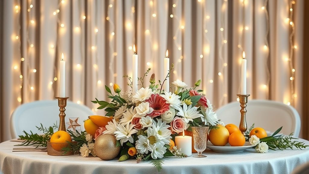 Mesa de Ano Novo com frutas, flores, velas e cortina de pisca-pisca ao fundo.
