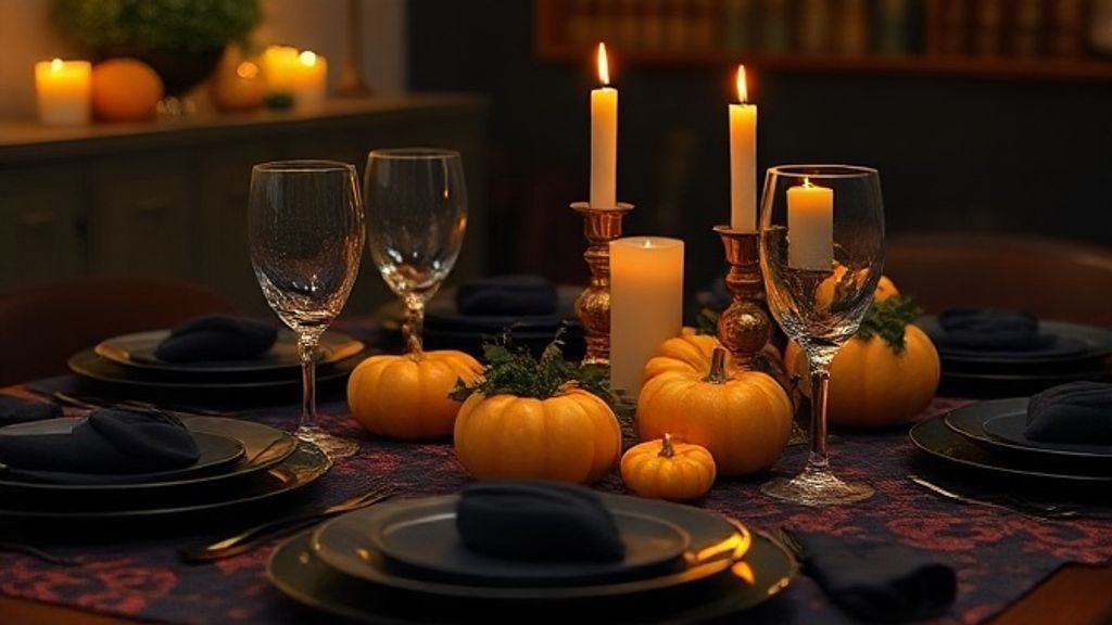 Mesa completa decorada para Halloween com louça preta, taças e abóboras douradas.