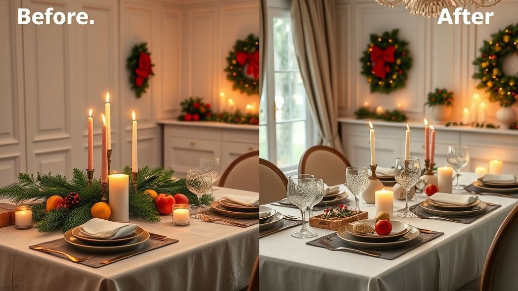 Mesa de Natal completa com arranjos baixos e decoração charmosa