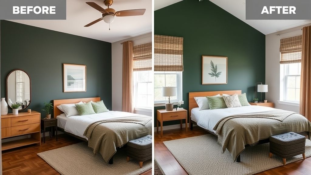 Quarto decorado com paleta verde escuro e detalhes em madeira natural, estilo aconchegante.