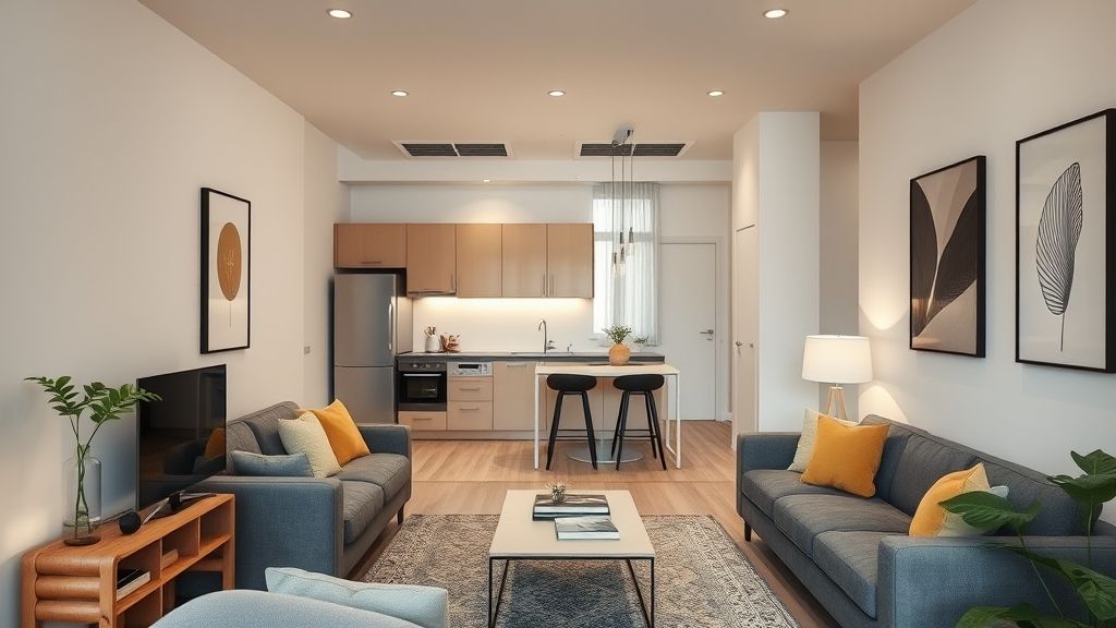 Apartamento pequeno pronto, com integração entre sala e cozinha, móveis planejados e iluminação aconchegante