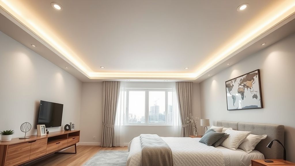 Quarto aconchegante com teto de gesso e iluminação embutida elegante.