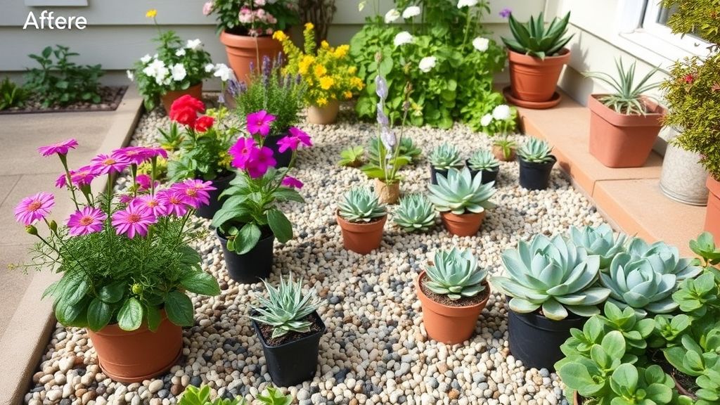 Jardim bonito e barato finalizado com canteiros floridos e vasos de suculentas decorativos.