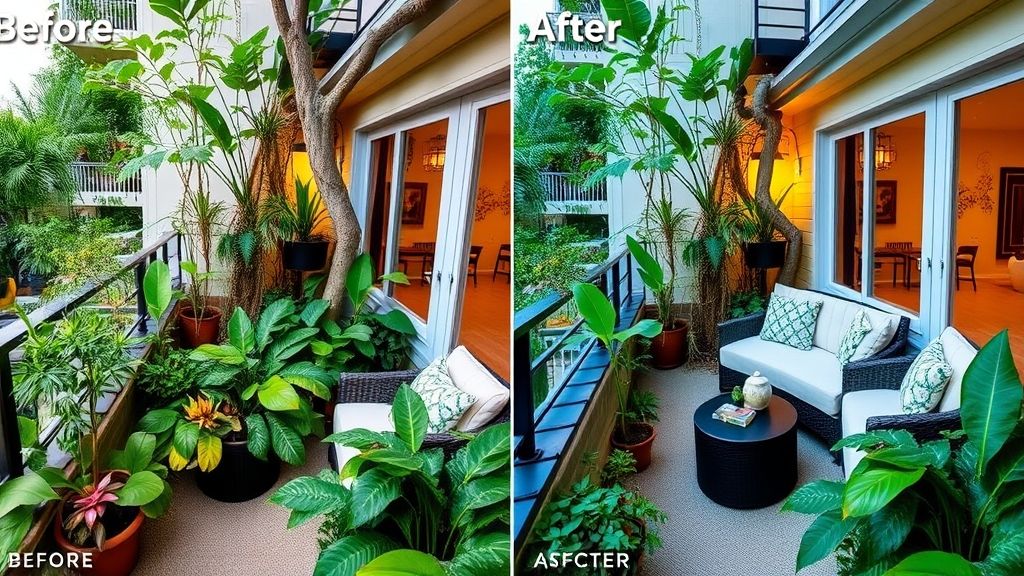 Varanda decorada com jardim tropical, plantas variadas em alturas diferentes e cadeiras para relaxar.