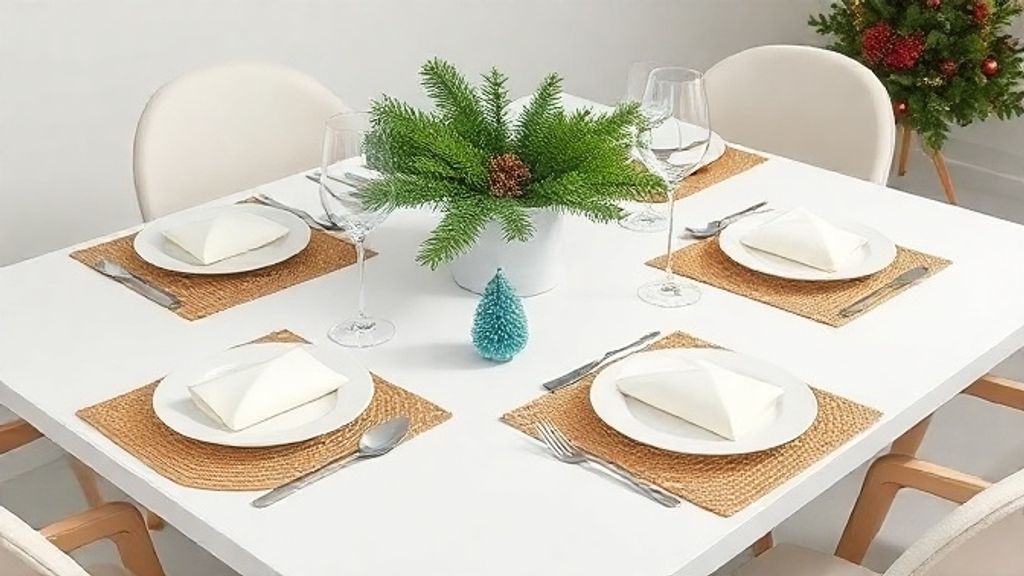 Mesa posta de Natal moderna com jogos americanos naturais e arranjo minimalista.