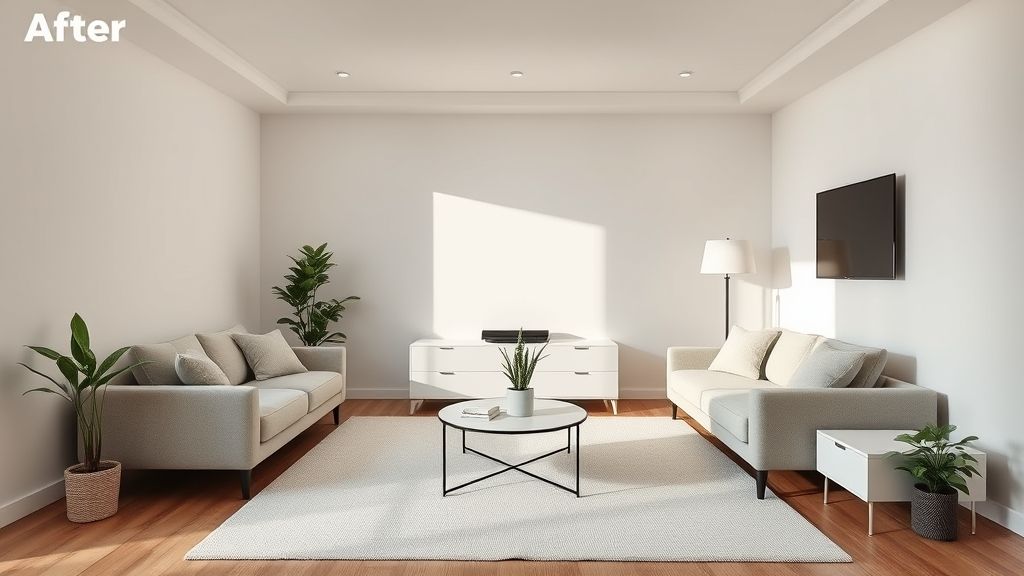 Sala minimalista finalizada, com sofá reto, mesa discreta e plantas.