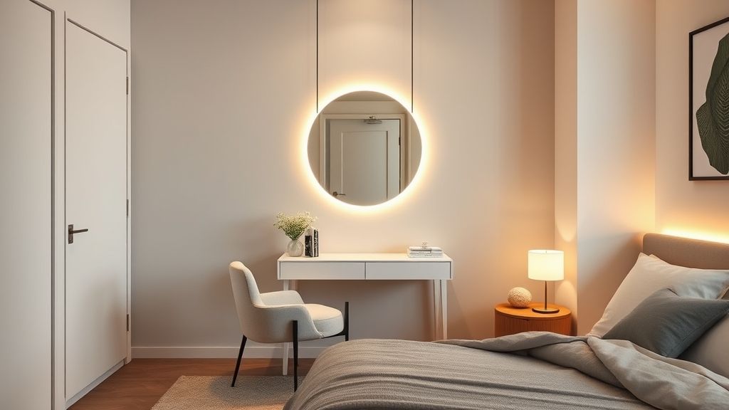 Resultado final de quarto decorado com penteadeira suspensa.