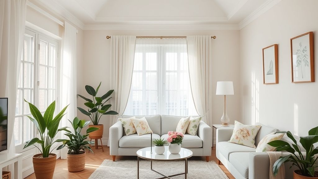 Sala finalizada com cortinas leves, almofadas florais e vasos de plantas.