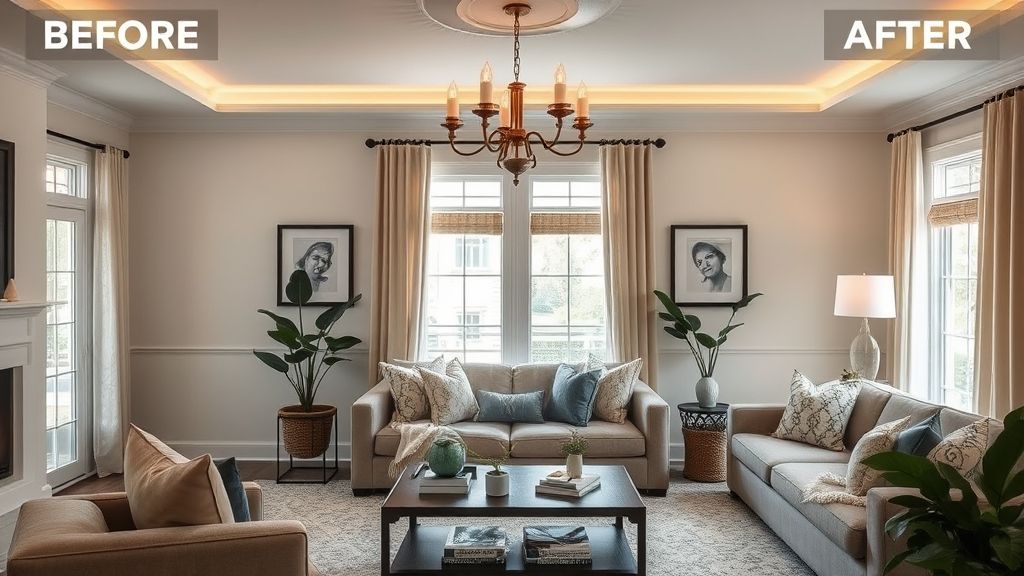 Sala finalizada com decoração acolhedora, iluminação em camadas e acessórios.
