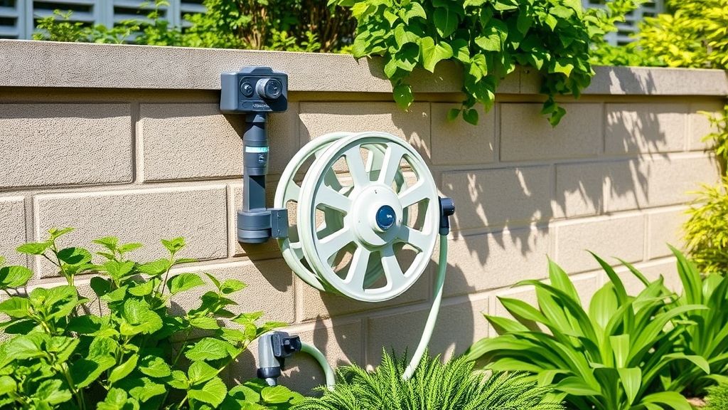 Quintal organizado com suporte automático de mangueira instalado