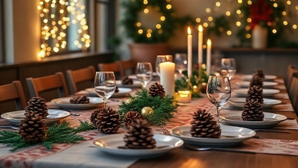Mesa de Natal completa, iluminada e pronta para a ceia.