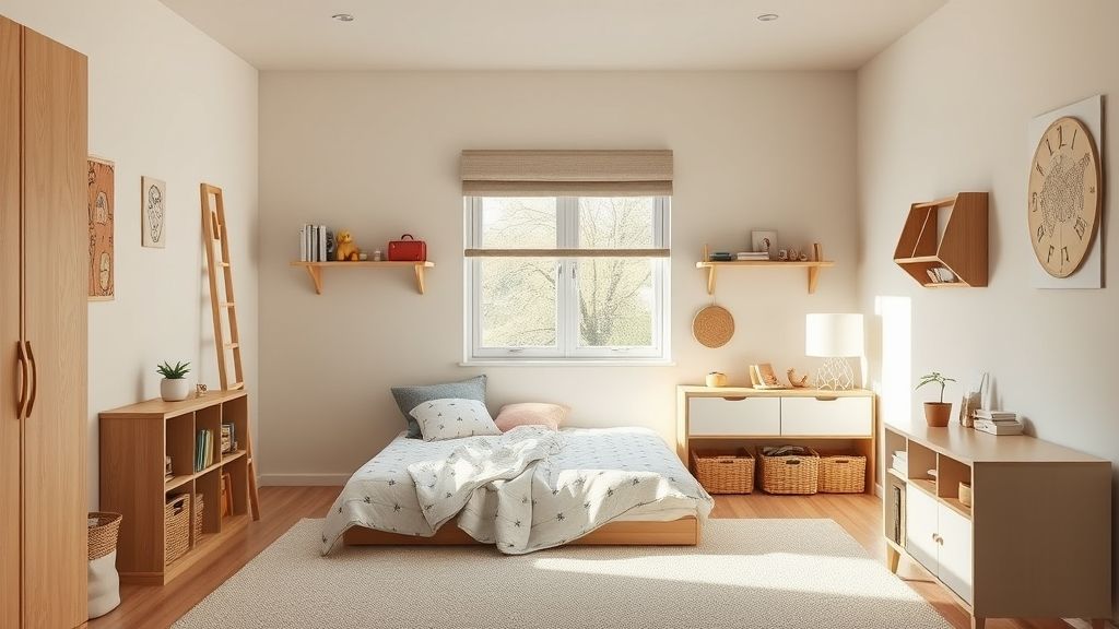 Quarto montado em estilo Montessori com espaço para leitura e brinquedos.