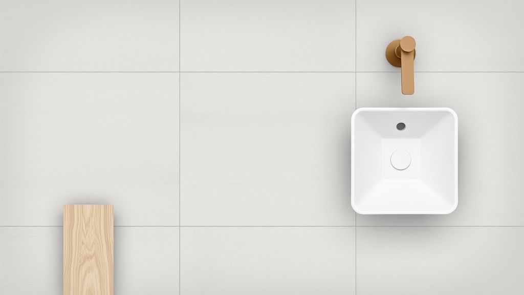 Flat lay de opções de revestimentos para banheiro simples mas bonito.