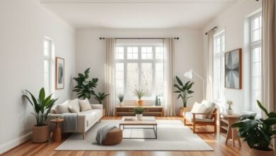 Sala de estar moderna com paleta neutra e toques naturais, seguindo tendências de decoração 2026.