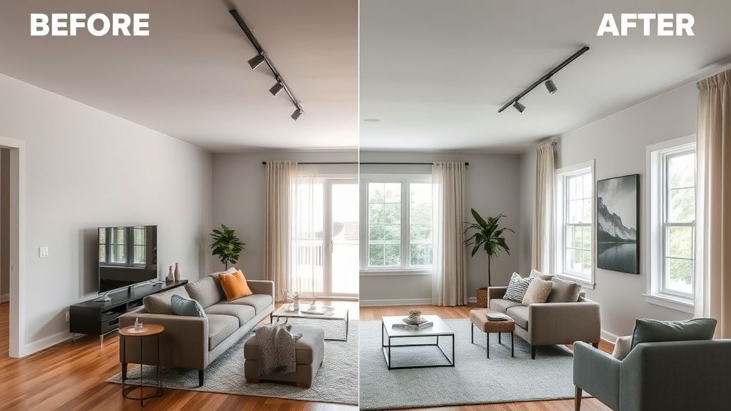 Comparação visual de sala antiga e a mesma sala reformada com iluminação e móveis modernos.