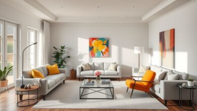 Sala de estar com móveis neutros e detalhes em cores alegres.