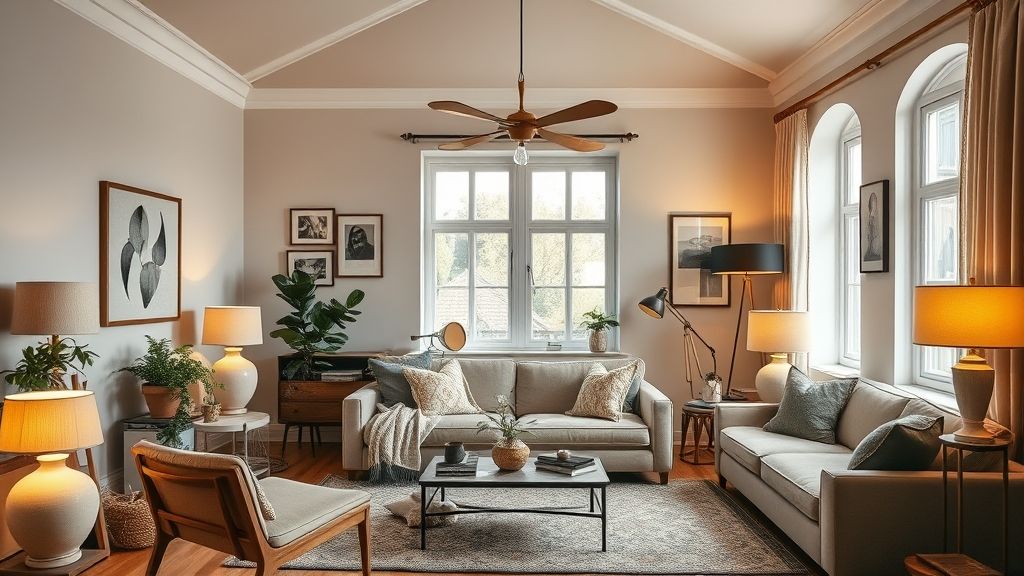 Sala de estar decorada com diferentes tipos de abajur, criando um ambiente aconchegante.