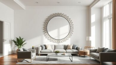 Sala moderna com espelho grande decorativo em destaque.