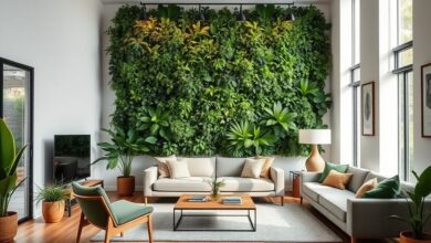 Parede verde em sala de estar moderna, trazendo vida e elegância.