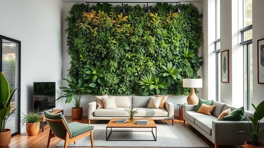 Parede verde em sala de estar moderna, trazendo vida e elegância.