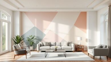 Sala moderna decorada com pintura criativa em estilo geométrico.