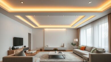 Sala de estar sofisticada com teto de gesso rebaixado e iluminação indireta.