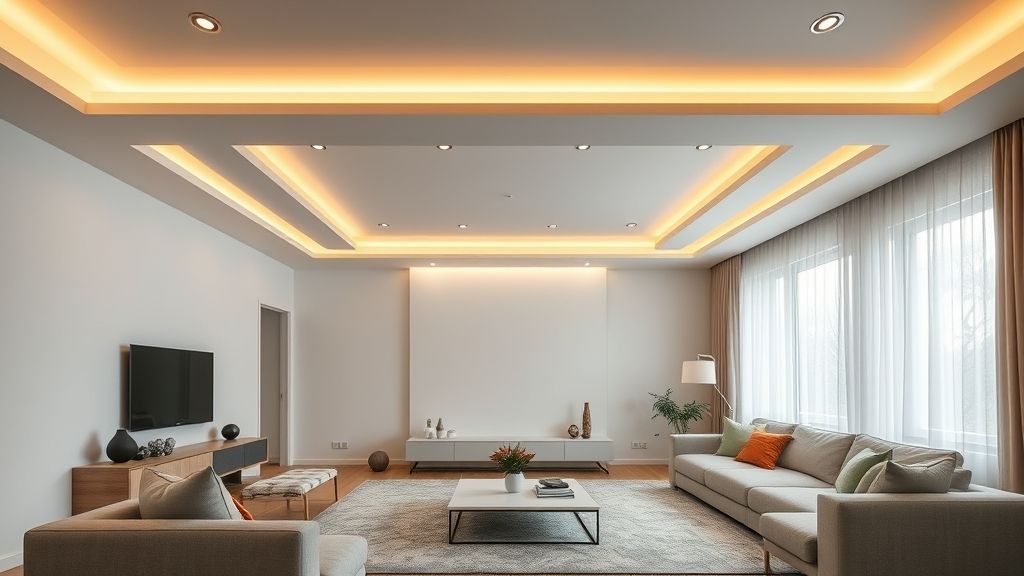 Sala de estar sofisticada com teto de gesso rebaixado e iluminação indireta.