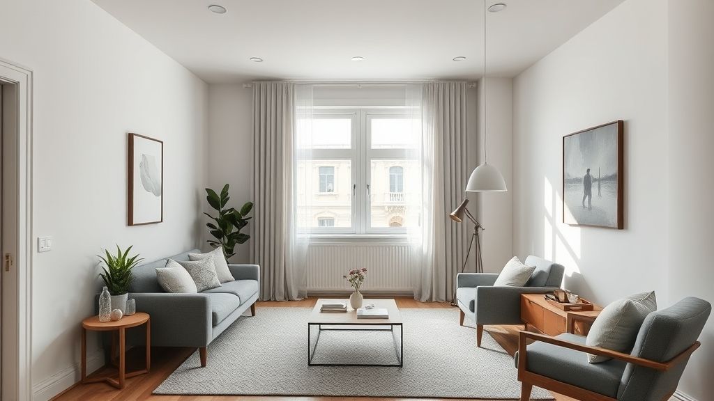 Sala moderna com decoração de apartamento pequeno otimizada com tons claros e móveis multifuncionais.