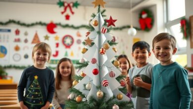 Sala de aula decorada para o Natal com alunos sorrindo ao redor de uma árvore artesanal.