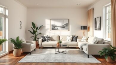 Sala de estar moderna com cores neutras, sofá confortável, iluminação suave e plantas decorativas.