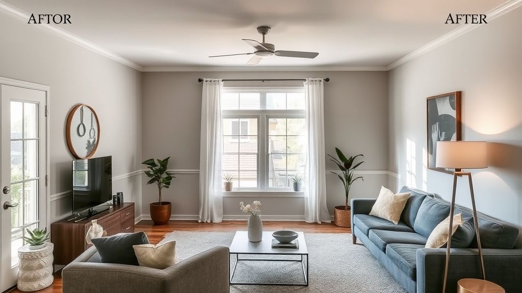 Sala decorada após pintura, com móveis integrados à nova paleta de cores.