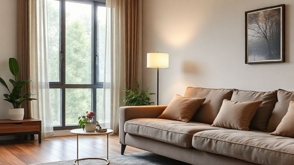 Sala decorada com um abajur minimalista ao lado do sofá criando aconchego.