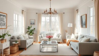 Sala decorada em tons claros com flores e luz natural.