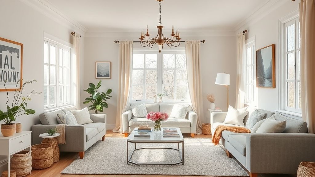 Sala decorada em tons claros com flores e luz natural.