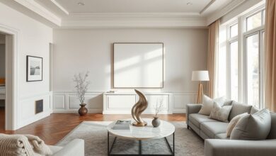 Sala de estar com tons neutros, luminária metálica e móveis modernos inspirados nas tendências de 2026.