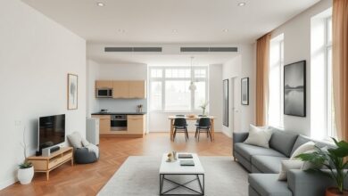 Sala moderna de apartamento pequeno integrada à cozinha, com paleta clara e decoração minimalista.