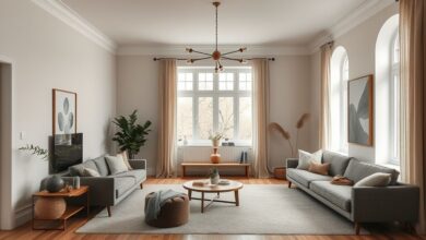 Sala de estar moderna e iluminada com móveis minimalistas e tons terrosos.