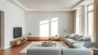 Sala de TV minimalista ampla, com sofá cinza, painel suspenso e luz suave.