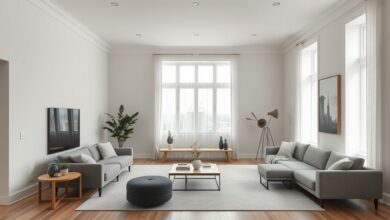 Sala de estar com móveis funcionais, paleta neutra e organização impecável.