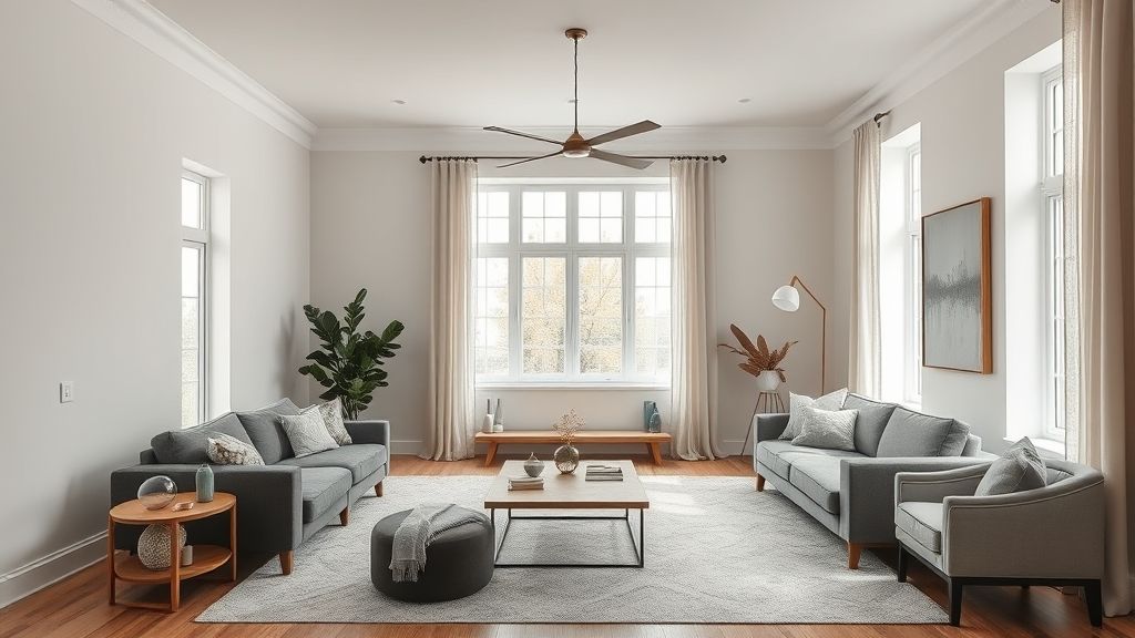 Sala de estar integrada com móveis claros e decoração sofisticada.