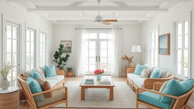 Sala ampla com móveis de fibra natural e cores claras no estilo praiano.