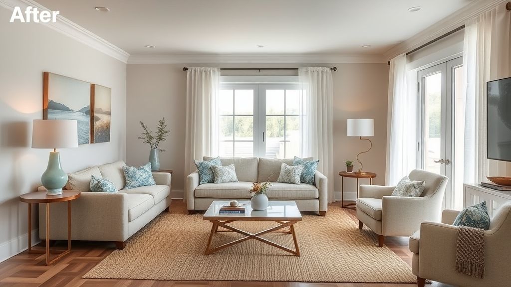 Sala pronta com sofá bege, tapete de sisal, quadros do mar e cortinas leves.