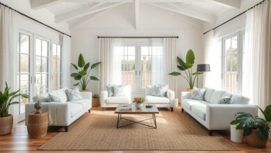 Sala com decoração praiana clara, móveis leves e plantas tropicais.