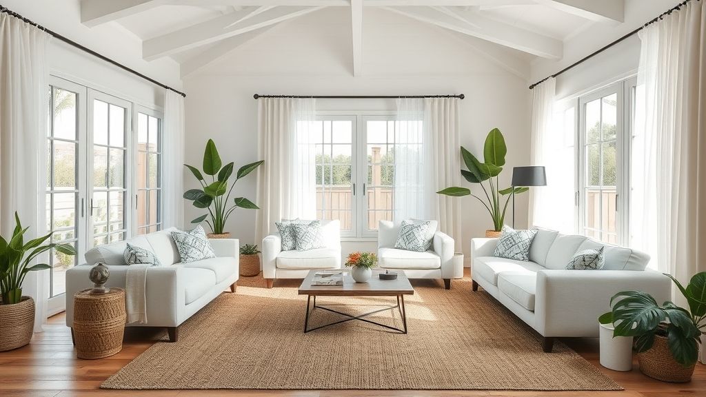 Sala iluminada com decoração sala praiana em cores claras e móveis leves
