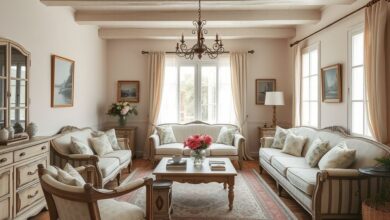 Sala de estar ampla, com móveis patinados, tons claros e detalhes florais no estilo provençal.