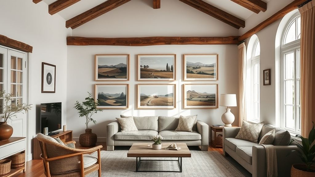 Sala de estar aconchegante com quadros de sítio em parede iluminada pela luz natural.